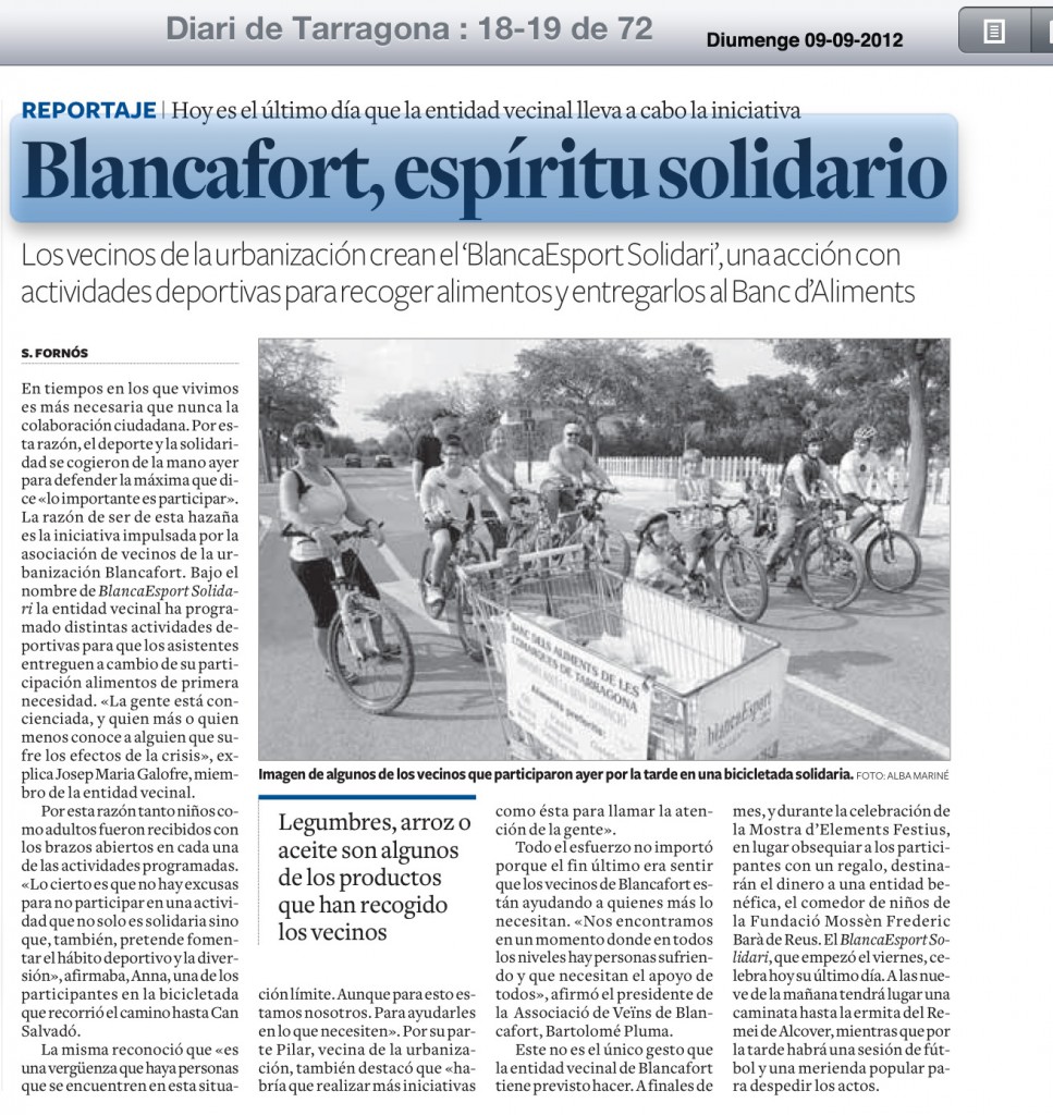 La BlancaEsport Solidari avui al Diari de Tarragona
